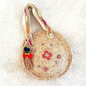 ZOI Large Boho "Full of Life" round Jute shoulder bag